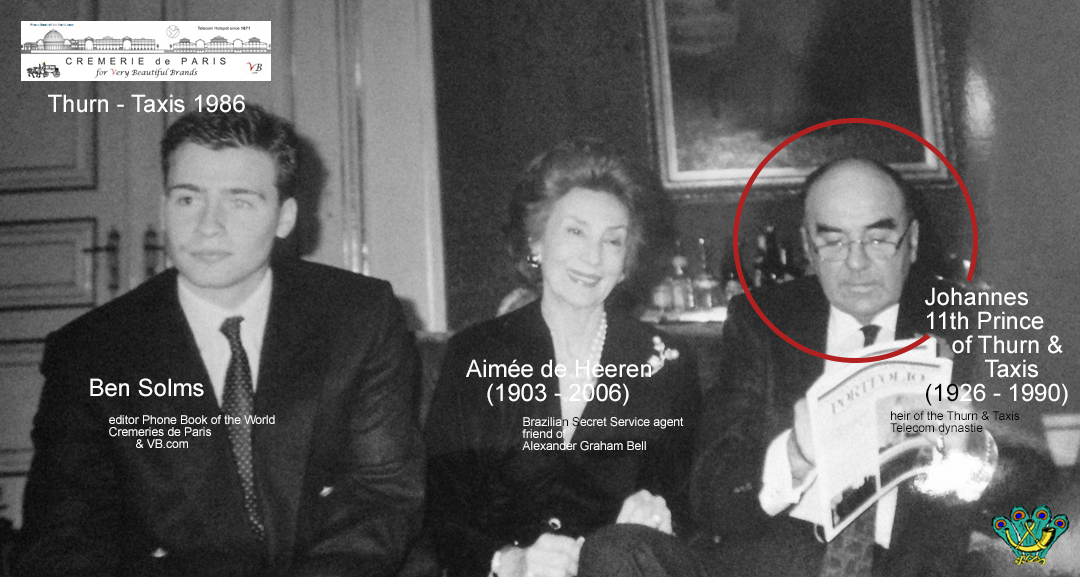 Johannes von Thurn & Taxis avec Aimée de Heeren (amie dans sa jeunesse d'Alexander Graham Bell, agent secret anti Allemand pendant la 2eme guerre, fiancée de Joseph P Kennedy jr, amie de Coco Chanel) et Ben Solms (Cremerie de Paris) Johannes Thurn & Taxis
